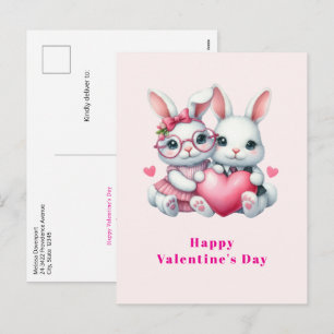 Postal Festiva Conejitos lindos compartiendo un corazón el Día de