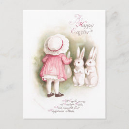 Postal Festiva Conejitos y chica blancos gallardos de pascua en