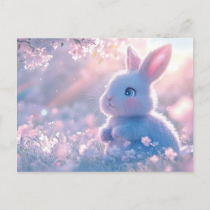 Postal Festiva Conejo bebé adorable en un campo de flores