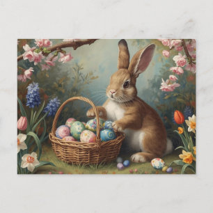 Postal Festiva Conejo con cesta de huevos de Pascua y jardín de p