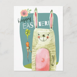 Postal Festiva Conejo cutáneo acuarela con zanahoria Feliz Pascua