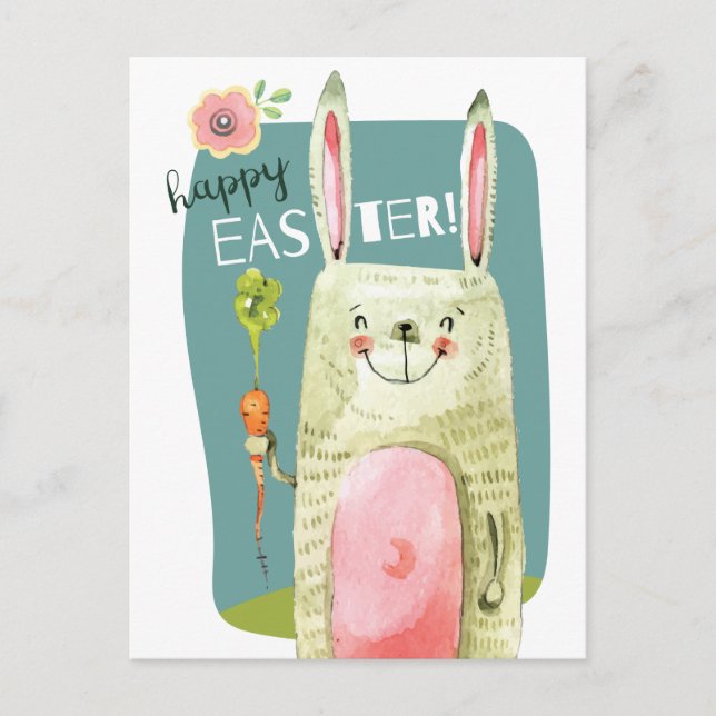 Postal Festiva Conejo cutáneo acuarela con zanahoria Feliz Pascua (Anverso)