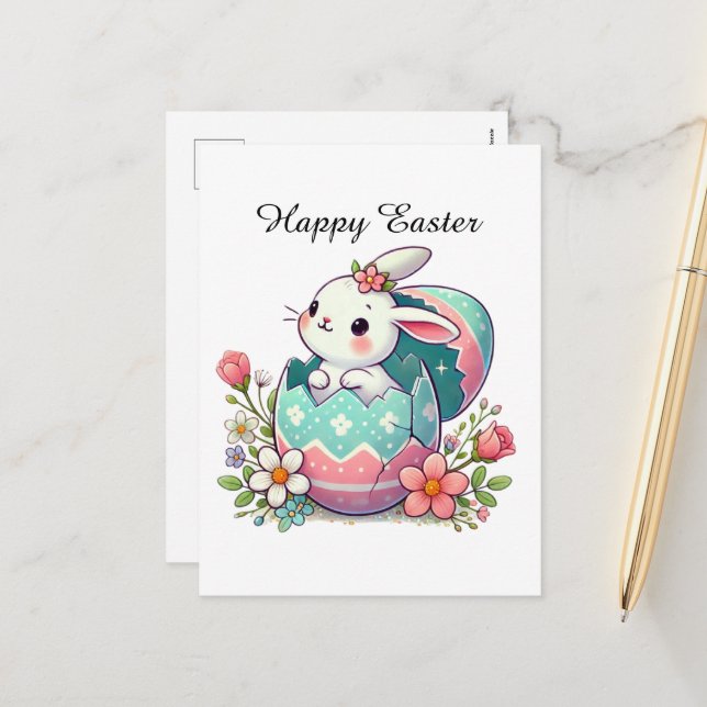 Postal Festiva Conejo Cute Happy Easter (Anverso/Reverso In Situ)