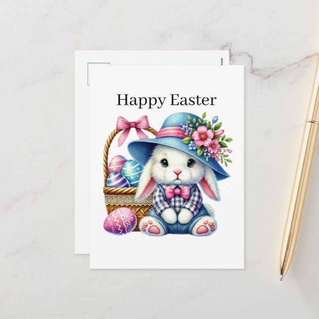 Postal Festiva Conejo Cute Happy Easter (Anverso/Reverso In Situ)