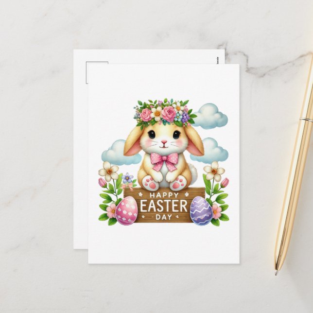Postal Festiva Conejo Cute Happy Easter (Anverso/Reverso In Situ)