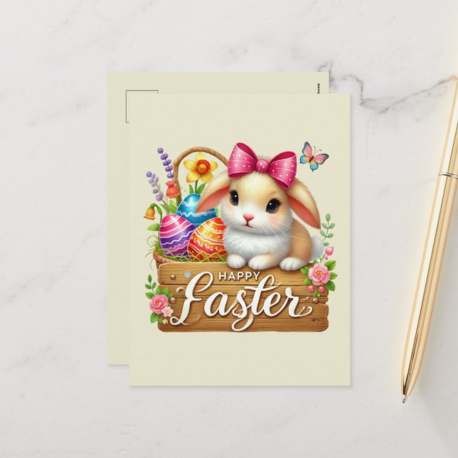Postal Festiva Conejo Cute Happy Easter (Anverso/Reverso In Situ)