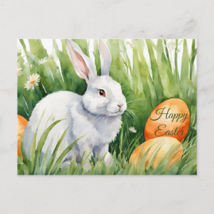 Postal Festiva Conejo de acuarela de Pascua feliz con huevos de P