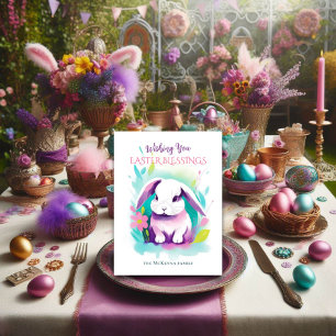 Postal Festiva Conejo de Orejas Caídas Floral Acuarela Pascua