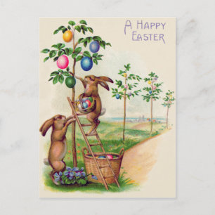 Postal Festiva Conejo de Pascua Árbol de Huevo Coloreado
