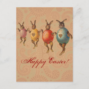 Postal Festiva Conejo de Pascua bailando huevos