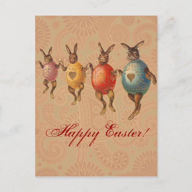 Postal Festiva Conejo de Pascua bailando huevos (Anverso)