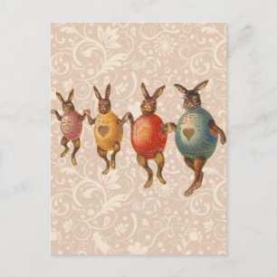 Postal Festiva Conejo de Pascua bailando huevos