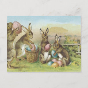 Postal Festiva Conejo de Pascua Campo de Huevo Pintado de Colores