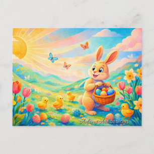 Postal Festiva Conejo de Pascua caprichoso y pollitos bajo el sol