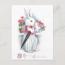 Postal Festiva Conejo de Pascua con Bouquet de flores rosadas