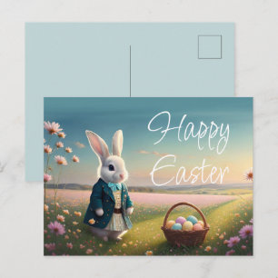 Postal Festiva Conejo de Pascua con chaqueta azul