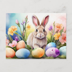 Postal Festiva Conejo de Pascua con flores de primavera, huevos p