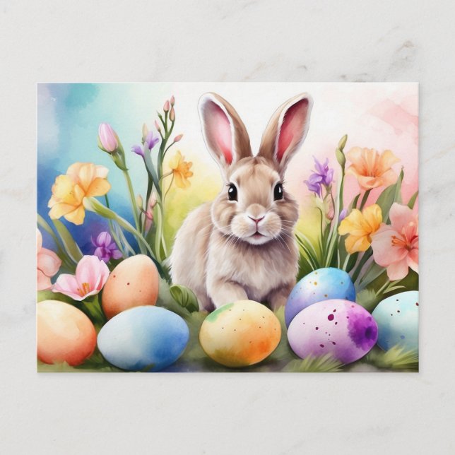 Postal Festiva Conejo de Pascua con flores de primavera, huevos p (Anverso)