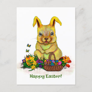 Postal Festiva Conejo de Pascua con huevos y flores