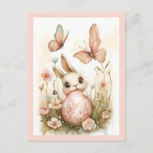 Postal Festiva Conejo de Pascua con mariposas y flores
