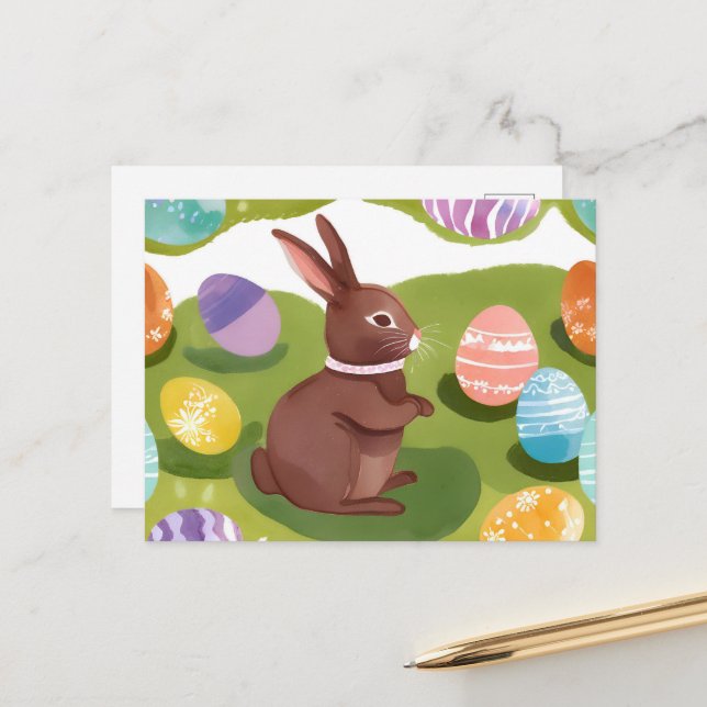 Postal Festiva Conejo de Pascua de Chocolate | Huevos Pastel de P (Anverso/Reverso In Situ)