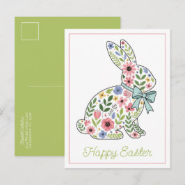Postal Festiva Conejo de Pascua de flores silvestres rosadas y az