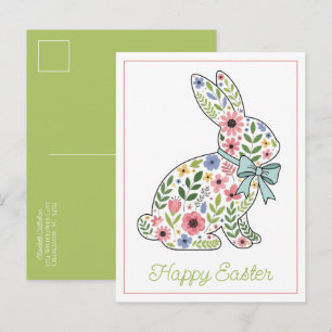 Postal Festiva Conejo de Pascua de flores silvestres rosadas y az