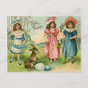 Postal Festiva Conejo de Pascua de niños victorianos huevo de col