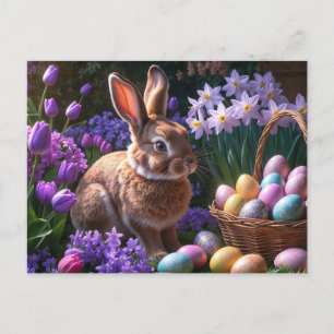 Postal Festiva Conejo de Pascua en el jardín de flores de primave