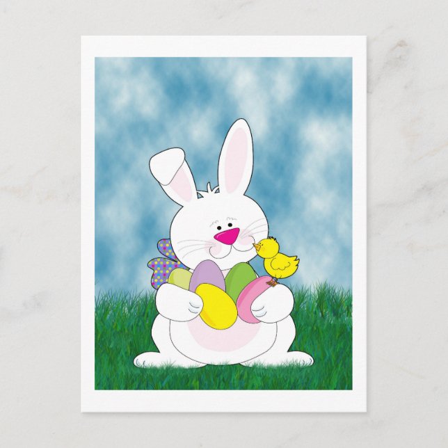 Postal Festiva Conejo de Pascua en la hierba (Anverso)