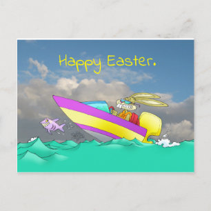 Postal Festiva Conejo de Pascua, en un bote de velocidad.