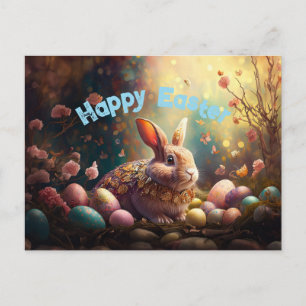 Postal Festiva Conejo de Pascua feliz con huevos de Pascua