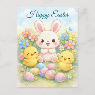 Postal Festiva Conejo de Pascua Feliz y Pollitos Pastel Adorable