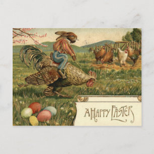 Postal Festiva Conejo de Pascua Gallo Huevo de Colores Montando