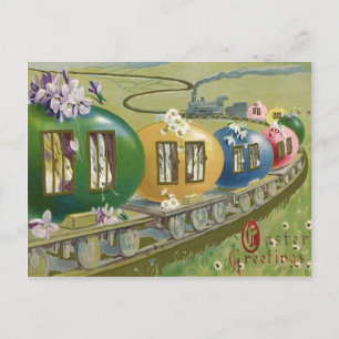 Postal Festiva Conejo de Pascua Jaula de Tren de Huevo Coloreado