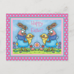 POSTAL FESTIVA CONEJO DE PASCUA MONTANDO POLLITO ADORABLE EN HUEV