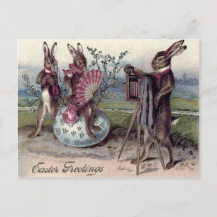 Postal Festiva Conejo de Pascua Pareja Cámara Huevo