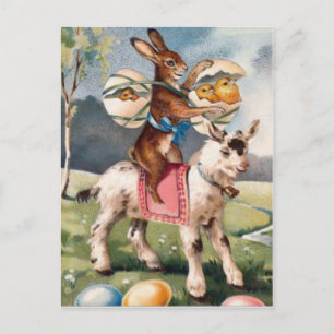 Postal Festiva Conejo de Pascua Pollito Huevo Pintado Cabra