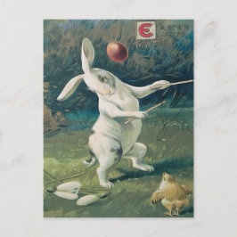 Postal Festiva Conejo de Pascua Pollito Jugando con Lirio