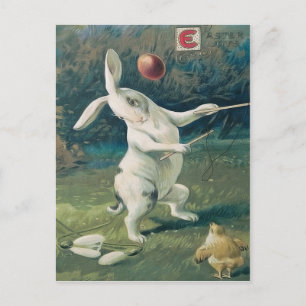 Postal Festiva Conejo de Pascua Pollito Jugando con Lirio