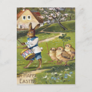 Postal Festiva Conejo de Pascua Pollito Tambor Trébol de Cuatro H