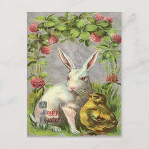 Postal Festiva Conejo de Pascua Pollito Trébol de la Suerte