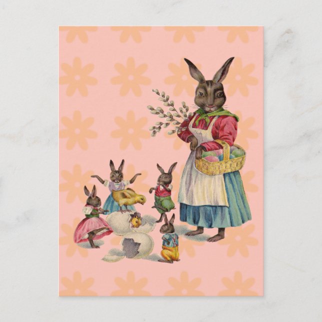 Postal Festiva Conejo de Pascua Pollo Conejo Huevos (Anverso)