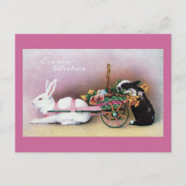 Postal Festiva Conejo de Pascua que tira del carro de la flor