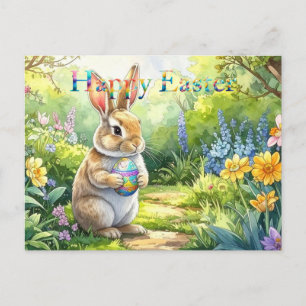 Postal Festiva Conejo de Pascua sosteniendo huevo de Pascua