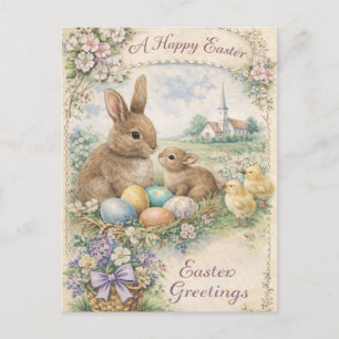 Postal Festiva Conejo de Pascua Vintage y Pollitos Pastel