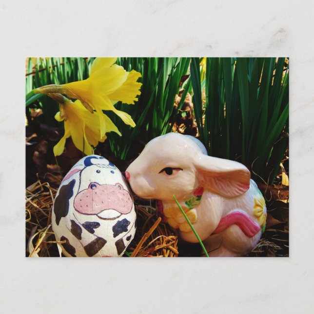 Postal Festiva Conejo de Pascua y huevo de vaca (Anverso)