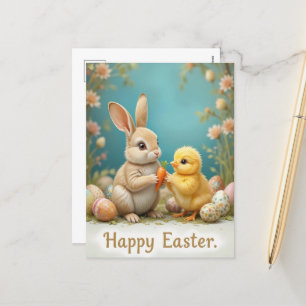 Postal Festiva Conejo de Pascua y Pastel de Chick