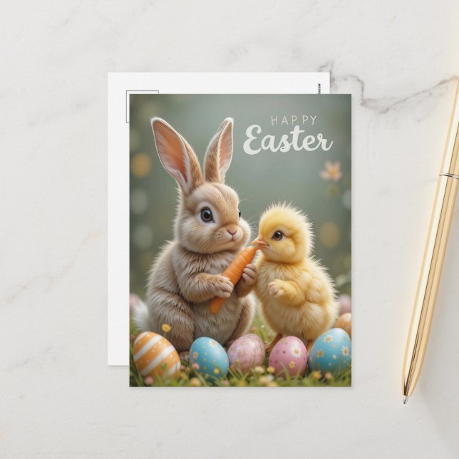Postal Festiva Conejo de Pascua y pollo (Anverso/Reverso In Situ)