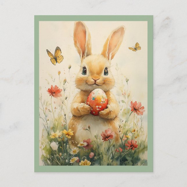 Postal Festiva Conejo de Semana Santa con huevo en flores silvest (Anverso)